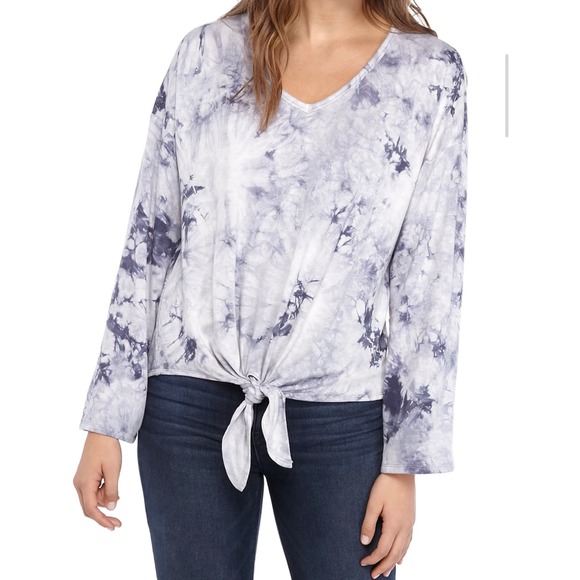 Cupio Top MEDIUM Tie Dye Blue V-Neck Fleece Lined Tie Front Pullover Oversized - Picture 1 of 8